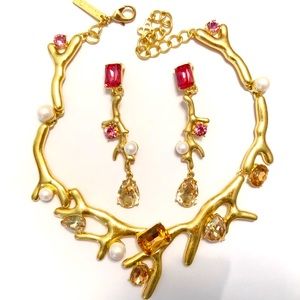 Oscar de la Renta Rose Crystal Coral Necklace set